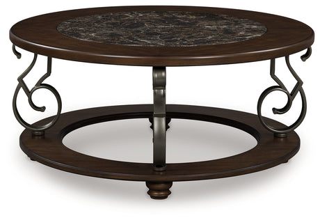 Frallyn coffee table front view showing round faux marble top