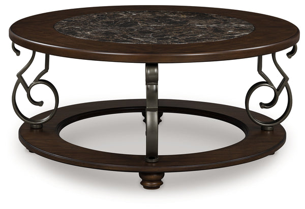 Frallyn coffee table front view showing round faux marble top