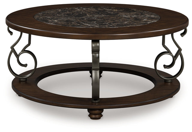 Frallyn coffee table front view showing round faux marble top