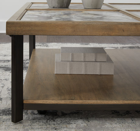 Montia Coffee Table frame detail showing light natural wood and black metal