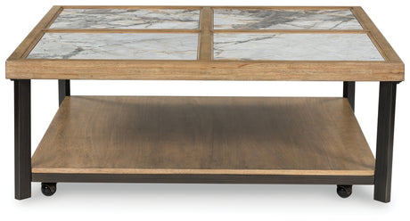 Montia Coffee Table side angle emphasizing light wood finish and lower shelf