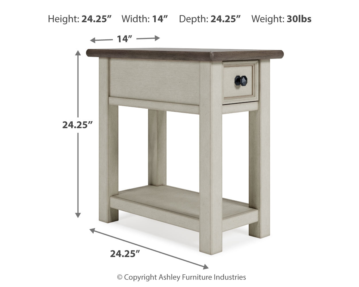 Top view of end table surface showing distressed finish