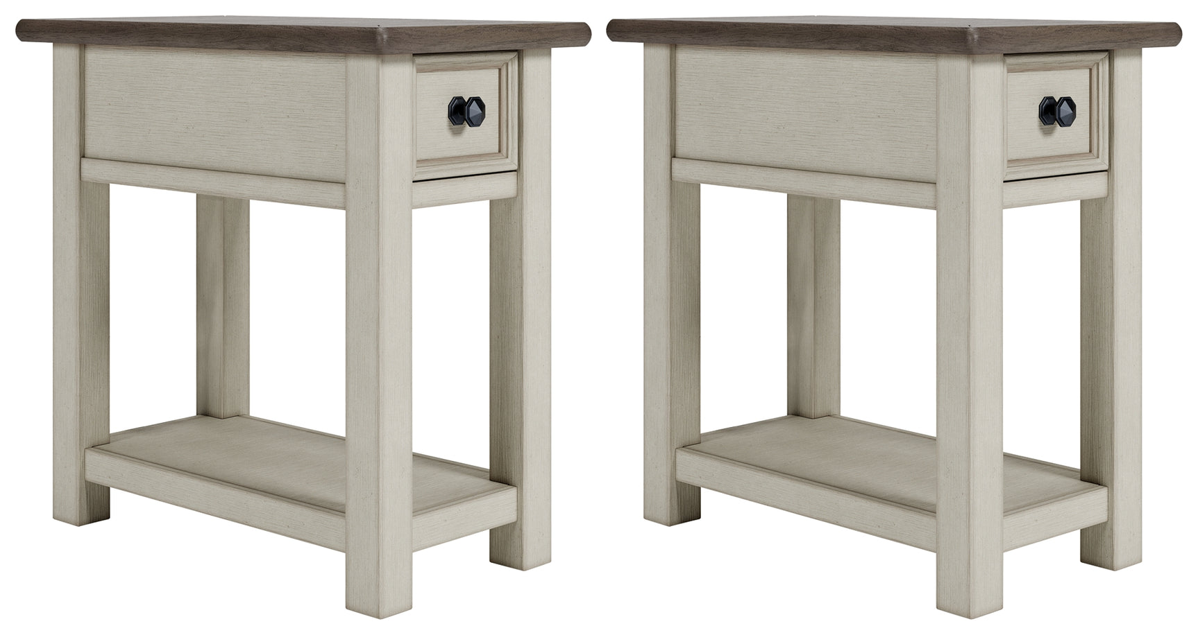 Side angle of Bolanburg two-tone end table highlighting plank-and-frame style top