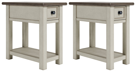 Side angle of Bolanburg two-tone end table highlighting plank-and-frame style top