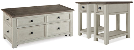 Bolanburg two-tone coffee table with two end tables in textured antique white finish