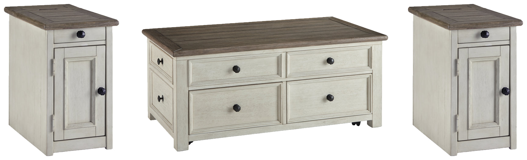 Bolanburg two-tone end table showing power outlets and USB ports