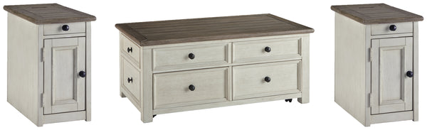 Bolanburg two-tone end table showing power outlets and USB ports