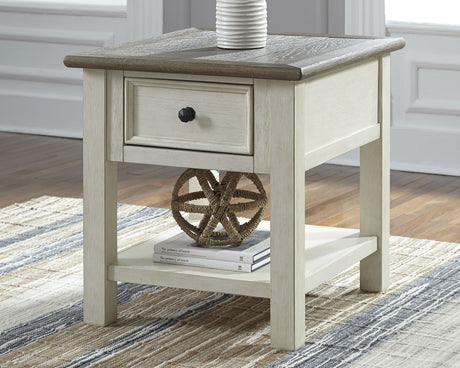 Opened drawer of Bolanburg two-tone end table showing smooth glide