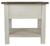 Side view showing table legs and shelf