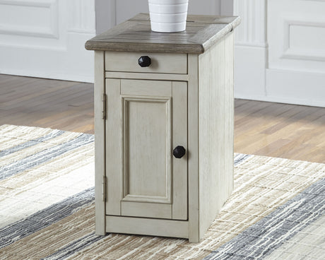 Bolanburg end table with charging ports on side