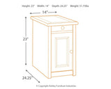 Detailed view of lift-top revealing USB ports and electrical outlets on Bolanburg end table