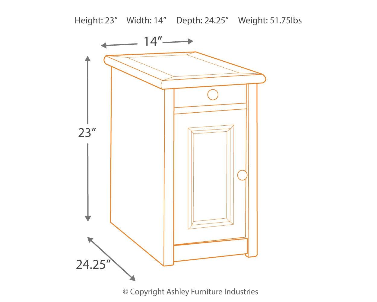 Detailed view of lift-top revealing USB ports and electrical outlets on Bolanburg end table