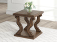 Maylee dark brown square end table with scrolled legs and ornate apron, front angle view