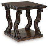 Maylee dark brown end table side view showing scrolled leg detail