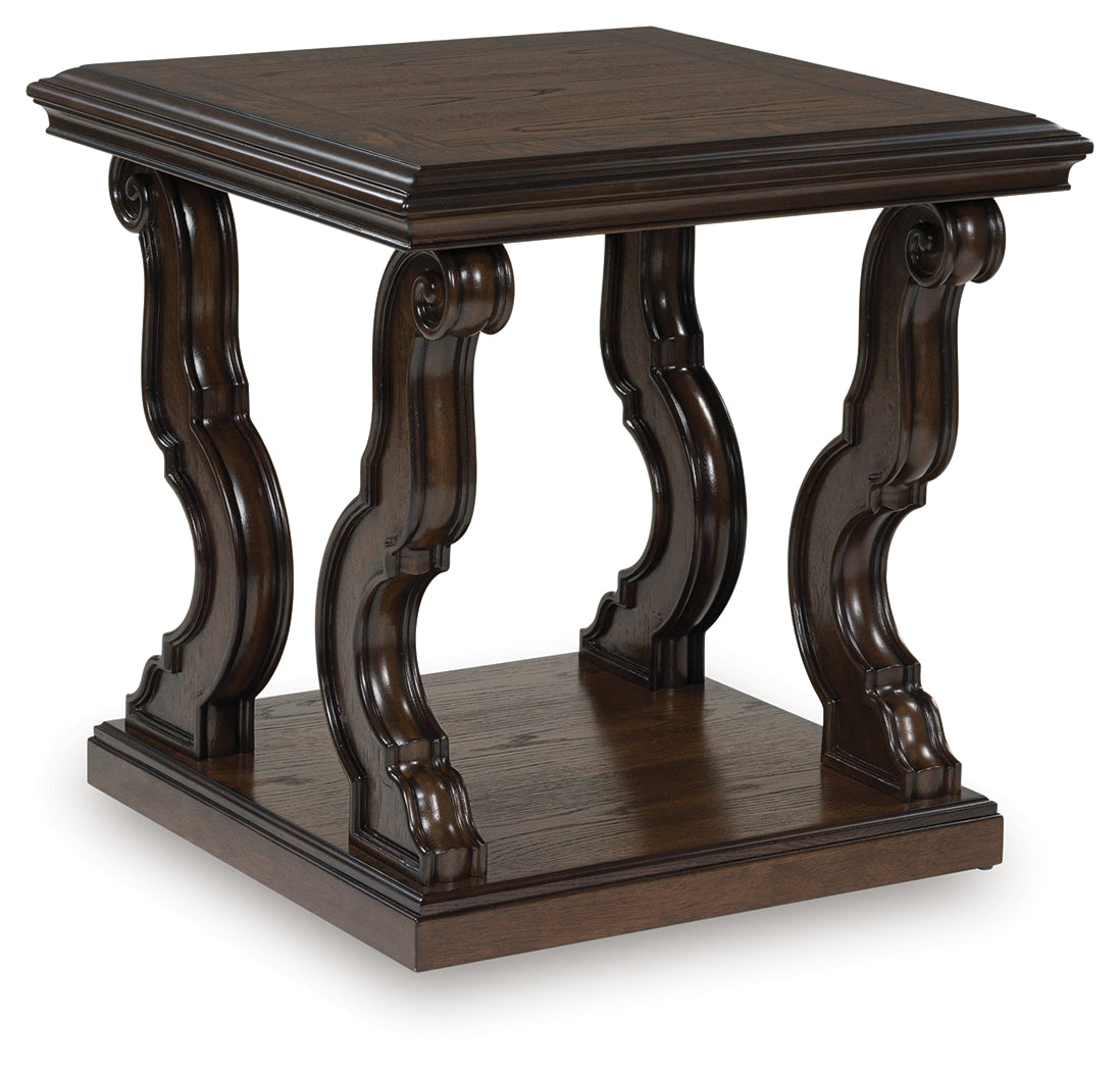 Maylee dark brown end table side view showing scrolled leg detail