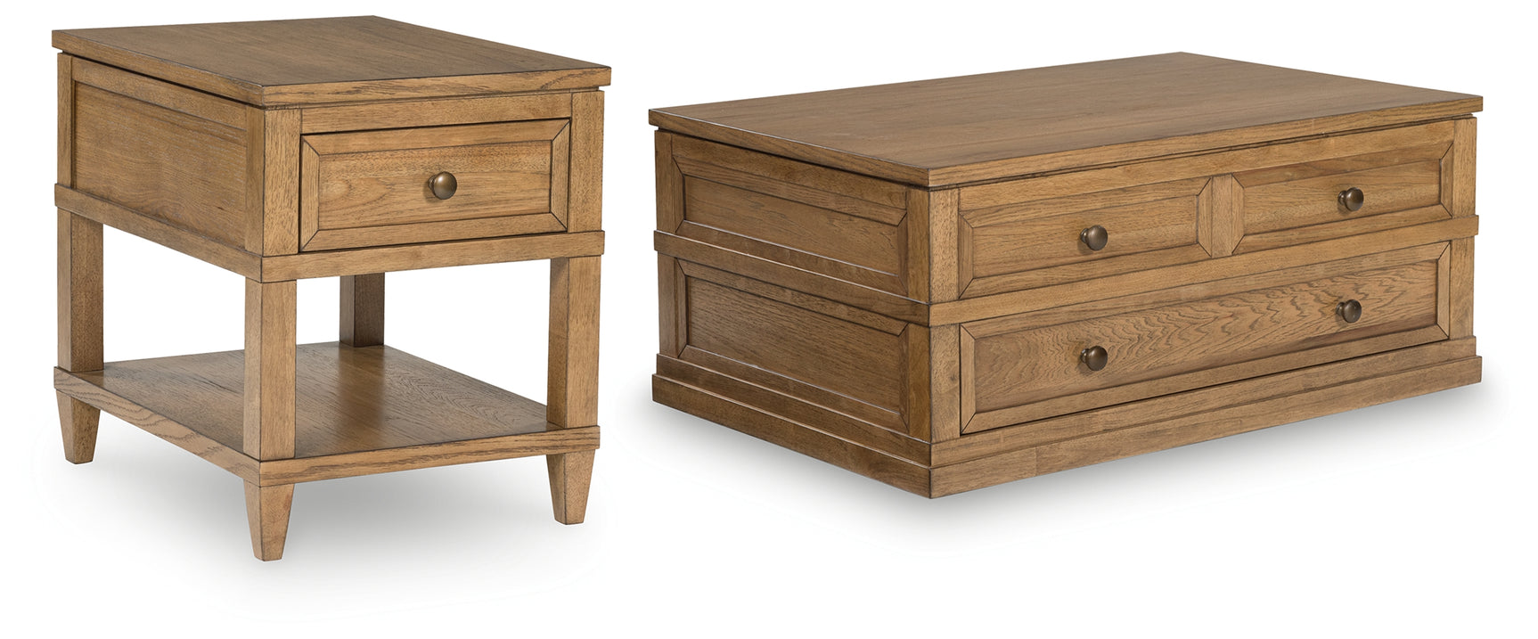 Sharlance end table matching light brown finish, angled side view