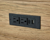 Close-up of USB and AC power outlet on Sharlance End Table