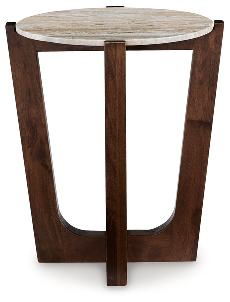 Tanidore End Table front view highlighting round marble top