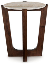 Warm brown mango wood end table side view
