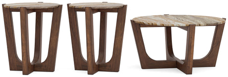 End table from the Tanidore set showing marble top and wood frame