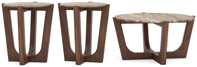 End table from the Tanidore set showing marble top and wood frame