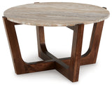 Tanidore warm brown coffee table and end table set view from above