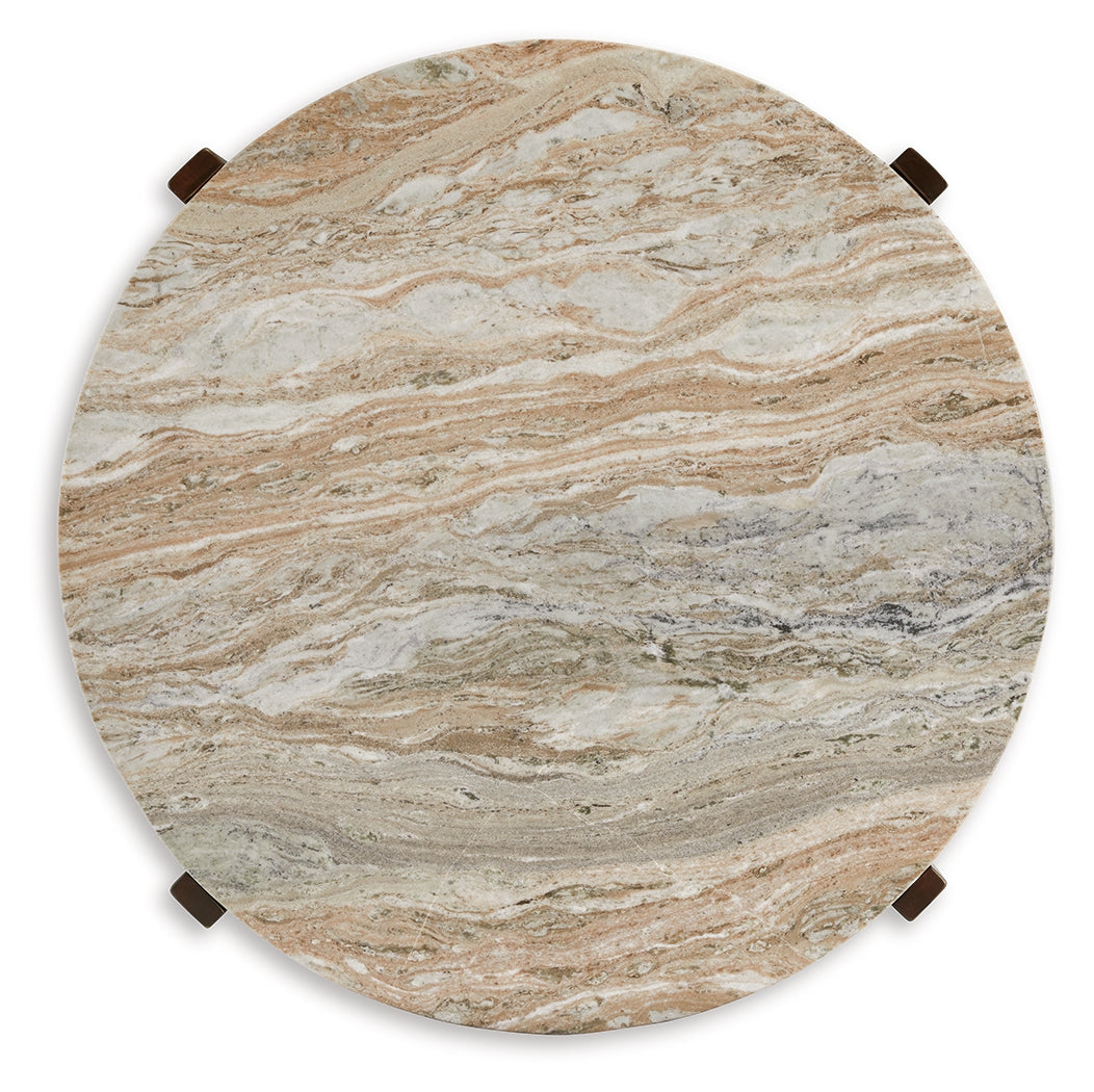 Tanidore warm brown coffee table and end table set view from above