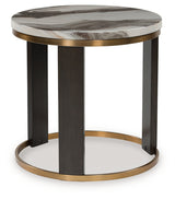 Jazmore end table side view showing brass frame and wood grain legs