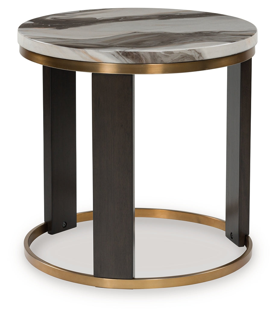 Jazmore end table side view showing brass frame and wood grain legs