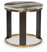 Jazmore end table alternate front view with brass and wood finish