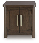 Front view of Breckington End Table with visible cabinet interior