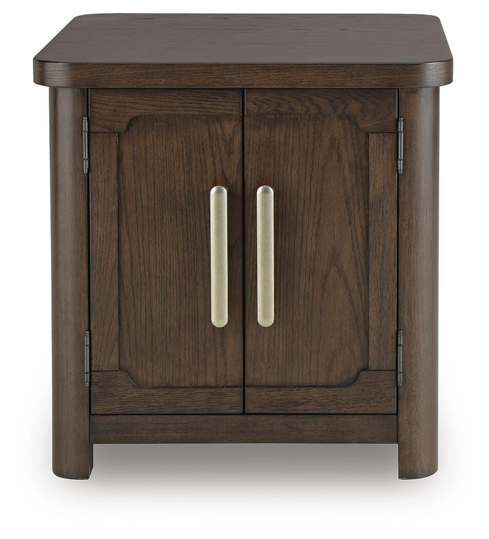 Front view of Breckington End Table with visible cabinet interior