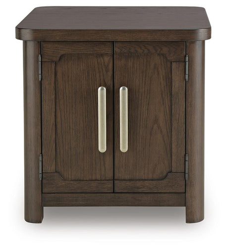 Front view of Breckington End Table with visible cabinet interior