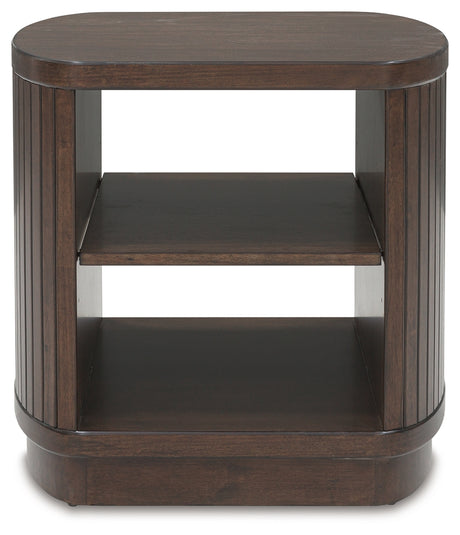 Korestone dark brown round end table front view