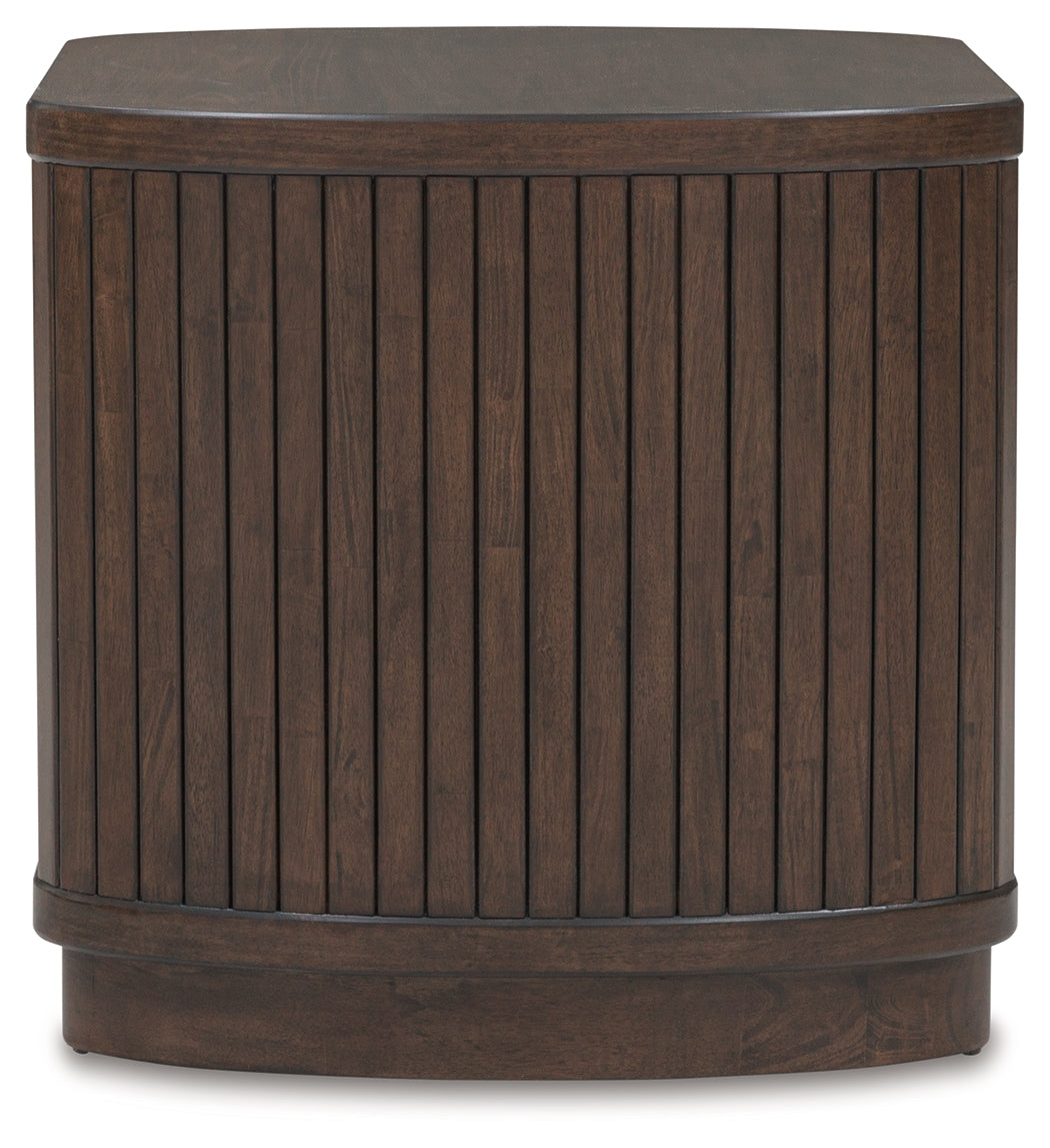 Korestone dark brown coffee table and end table set with reeded bases