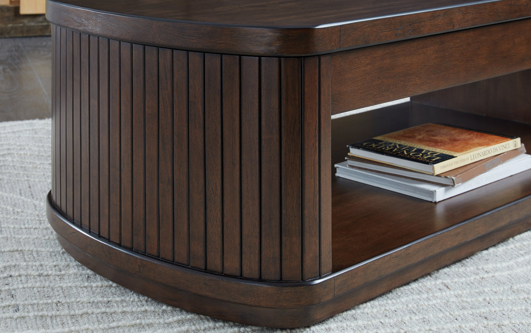 Korestone lift-top coffee table wood finish detail