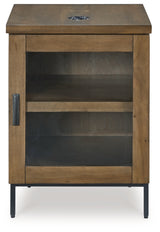 Side view of Torlanta Brown Chairside End Table showing metal legs