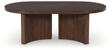Top view showing oval shape and wood veneer finish