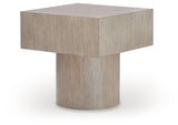 Jorielyn end table head-on view showing square top and plinth base
