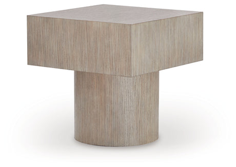 Jorielyn end table head-on view showing square top and plinth base