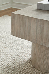Jorielyn end table side view with light grayish brown layered finish