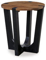 Side angle view of Hanneforth two-tone end table showing angled black wood legs