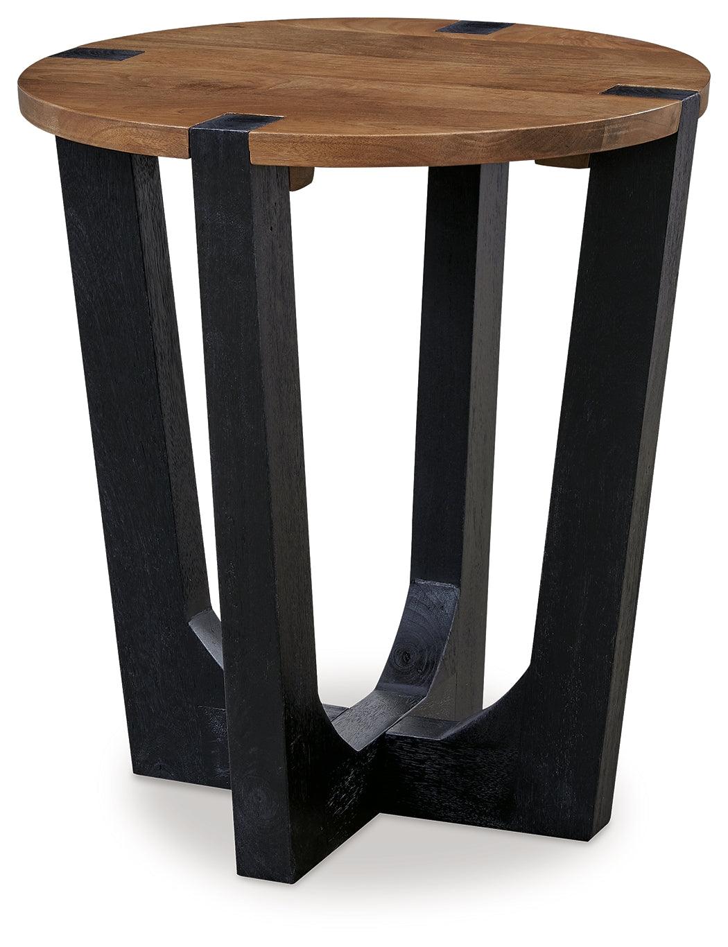 Side angle view of Hanneforth two-tone end table showing angled black wood legs
