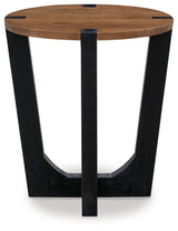 Front view of Hanneforth brown top black-legged round end table