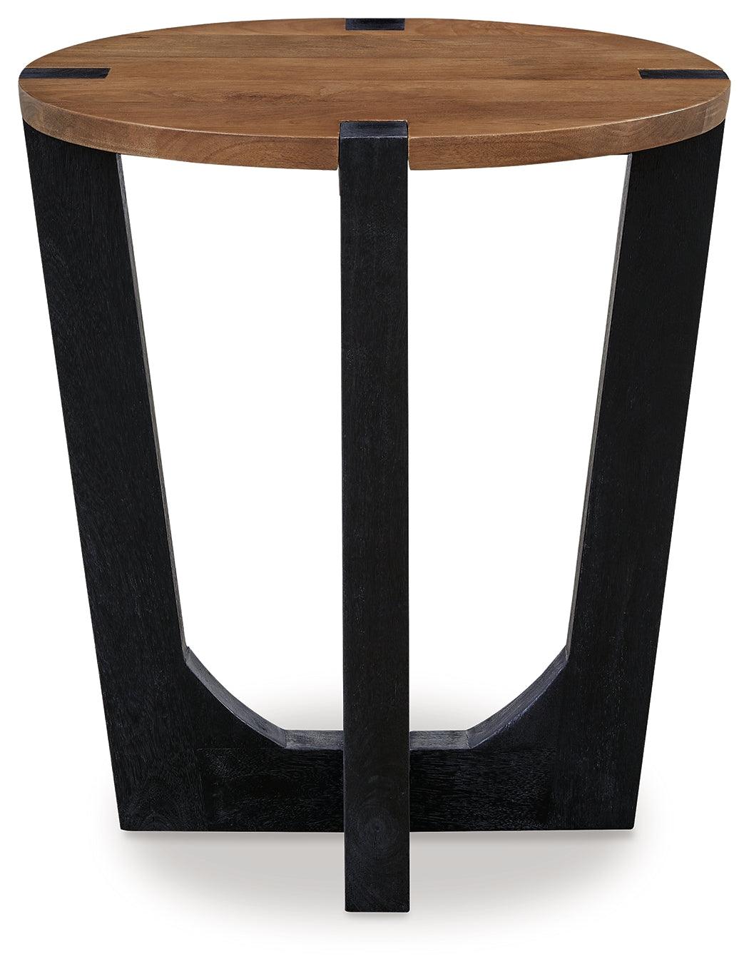Front view of Hanneforth brown top black-legged round end table