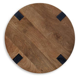 Top view of Hanneforth round mango wood end table with smooth finish