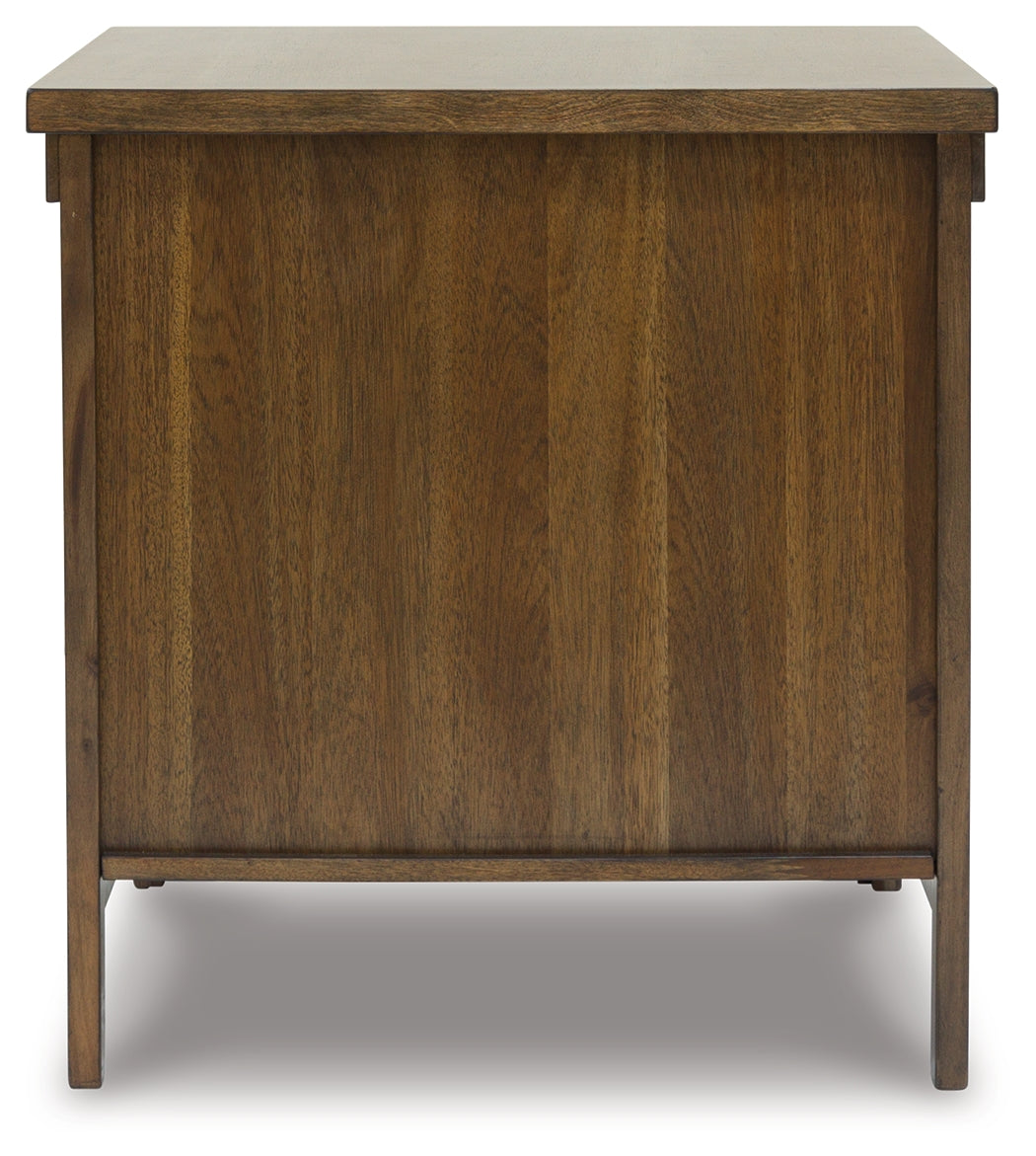 Moriville grayish brown end table side view