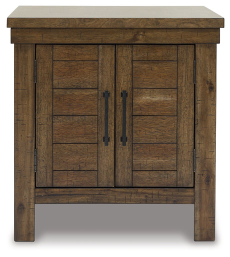 Close up of plank-effect cabinet doors on Moriville coffee table