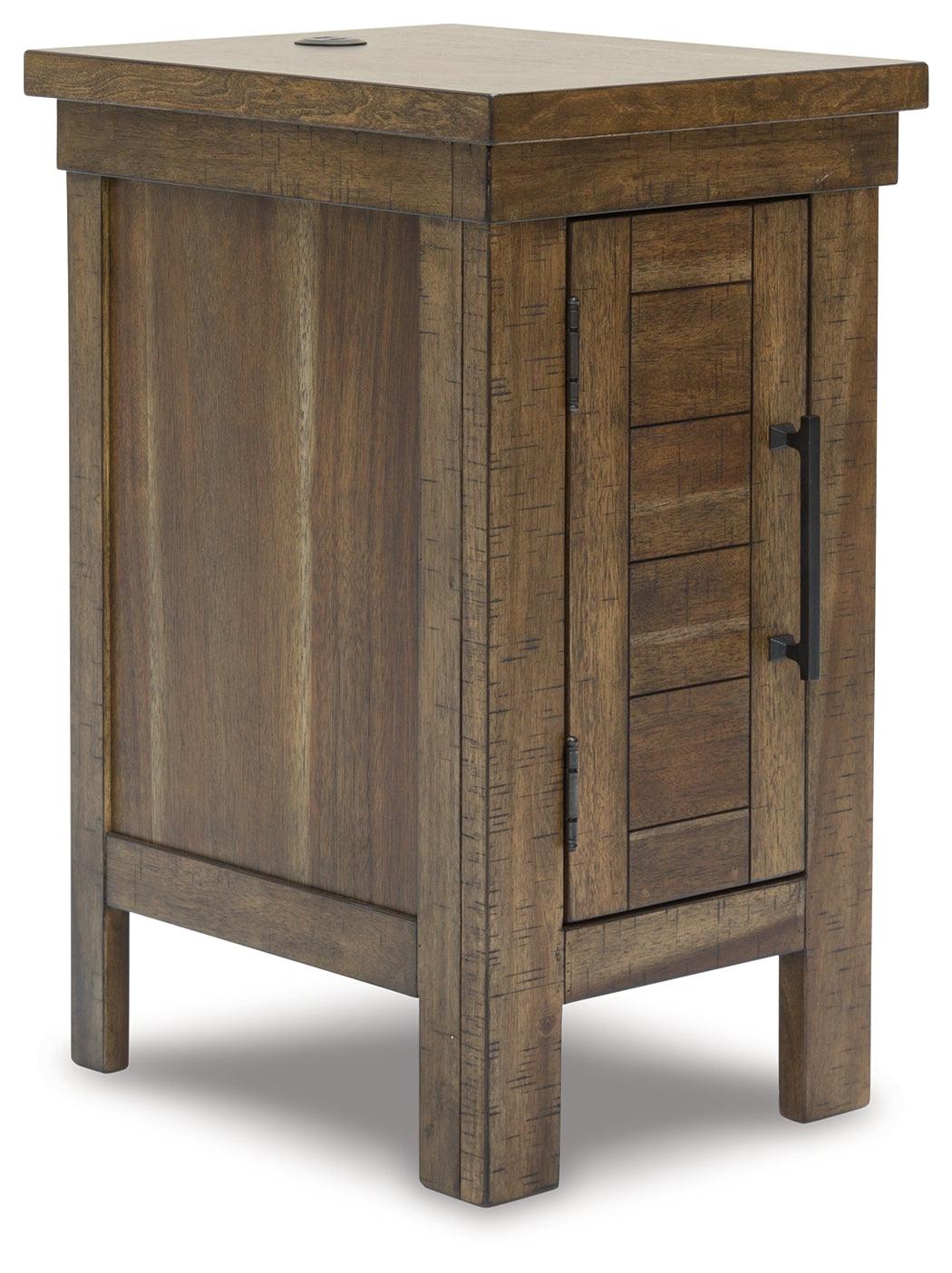 Moriville Grayish Brown Chairside End Table angled closed cabinet