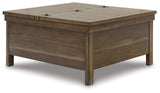 Moriville grayish brown lift-top coffee table side open view